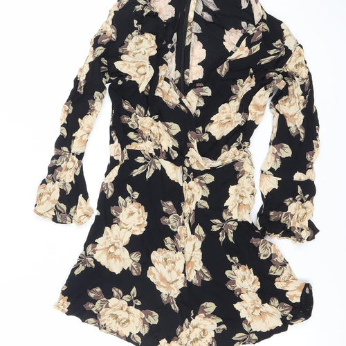 Topshop Womens Black Floral Viscose Long Sleeve Playsuit UK 8