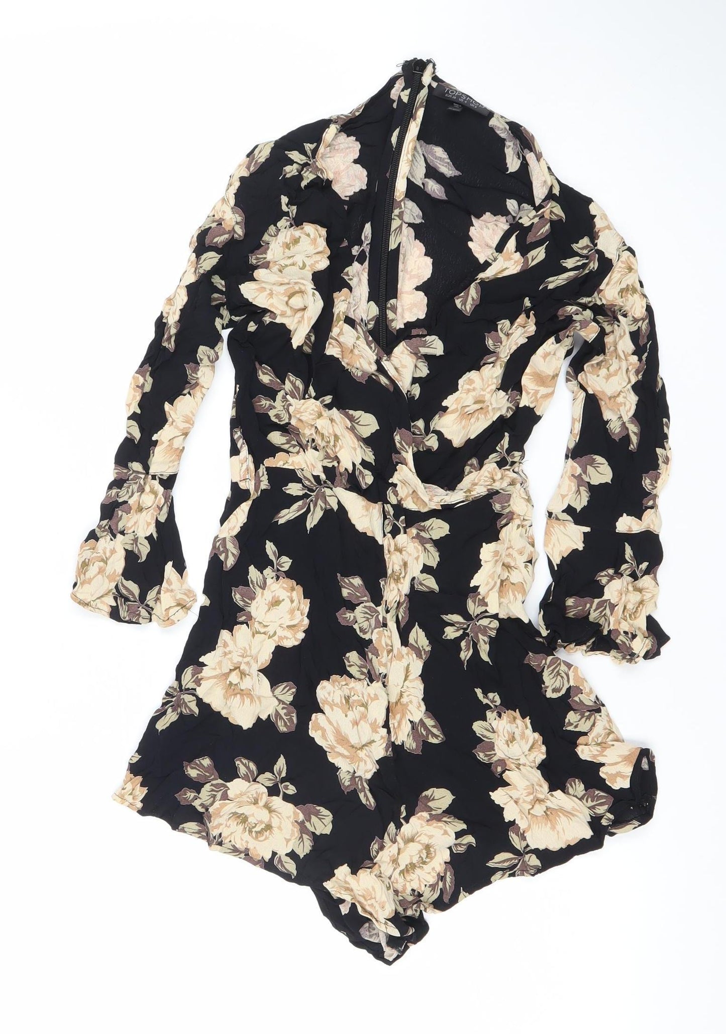 Topshop Womens Black Floral Viscose Long Sleeve Playsuit UK 8
