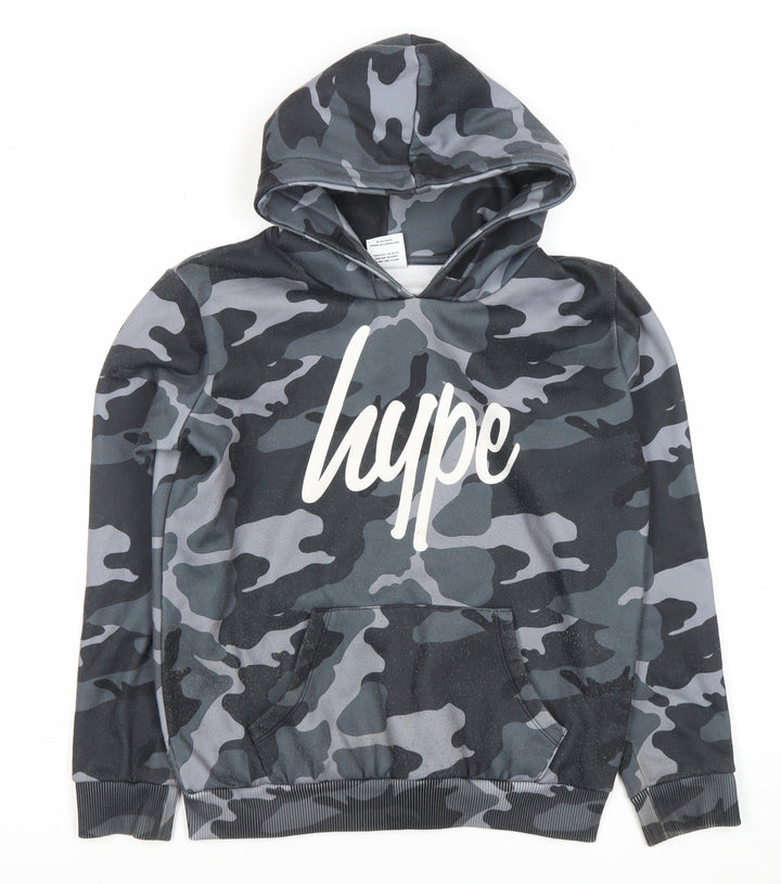 Hype Boys Black Grey Camouflage Pullover Hoodie 13 Years Logo Print