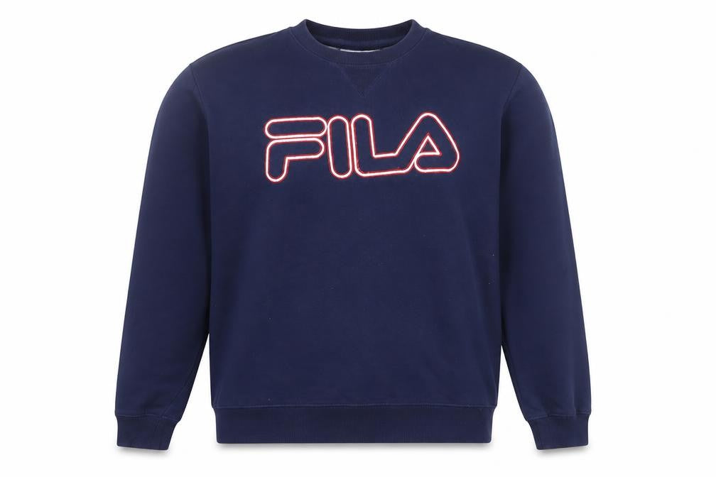 Front view of Fila women’s navy blue logo sweatshirt medium pullover crew neck