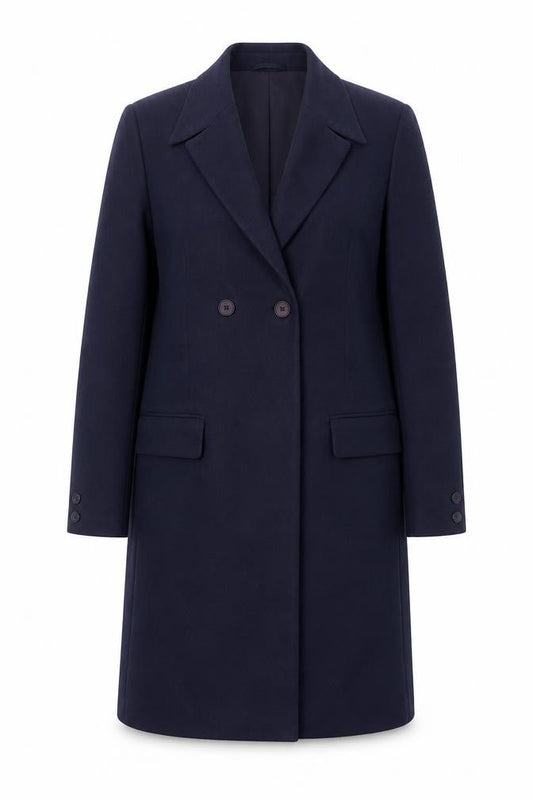 Front view of Zyga women’s navy blue long overcoat, size UK 12, polyviscose lined