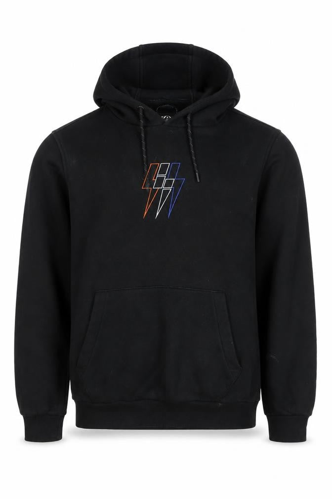 Front view of Lorenzo Veratti men’s black pullover hoodie s embroidered logo