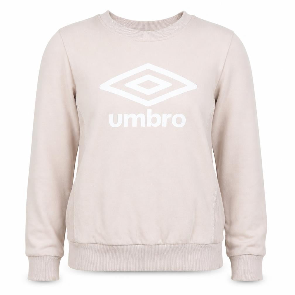 Front view of Umbro women’s beige pullover logo sweatshirt, size M, long sleeve