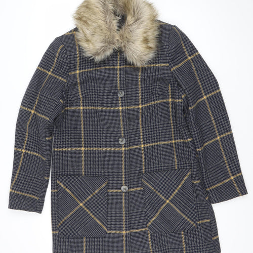 George Women’s Grey Check Faux Fur Collar Coat UK 14 Wool Blend