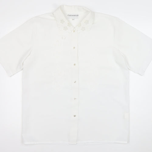 Paramour Womens White Button-Up Short Sleeve Embroidered Shirt L
