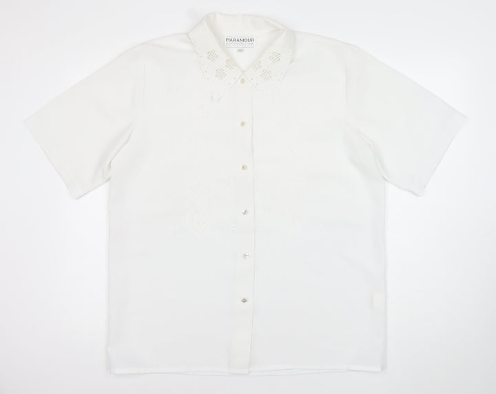 Paramour Womens White Button-Up Short Sleeve Embroidered Shirt L