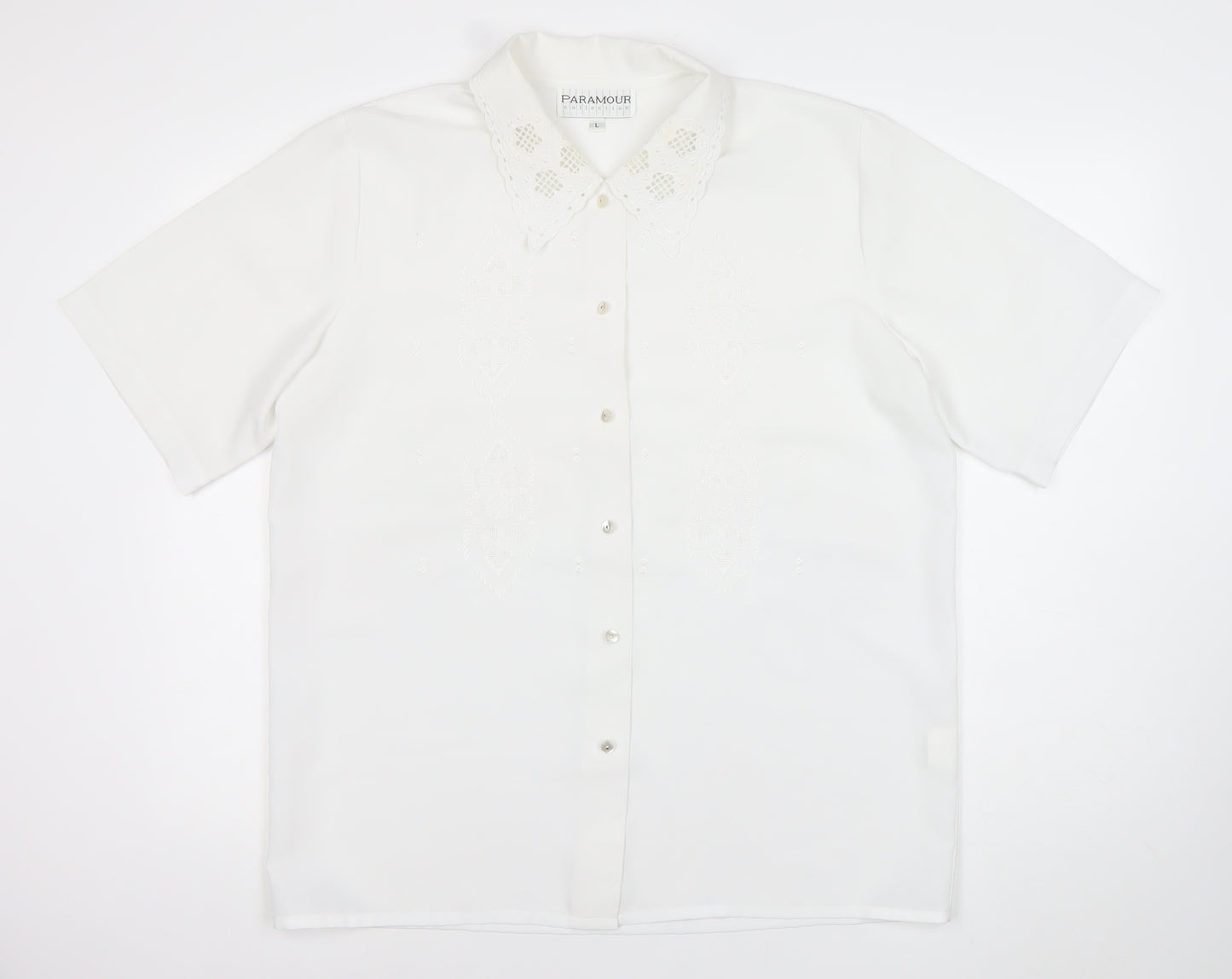Paramour Womens White Button-Up Short Sleeve Embroidered Shirt L