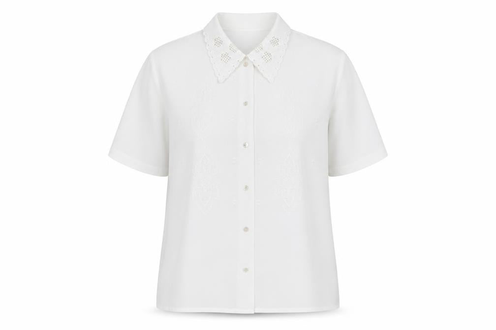 Front view of Paramour women’s white button-up short sleeve embroidered shirt l