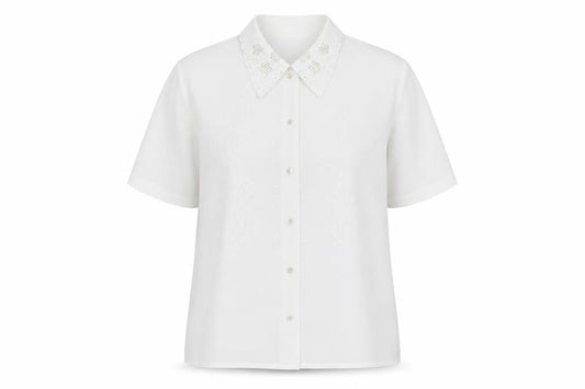 Front view of Paramour women’s white button-up short sleeve embroidered shirt l