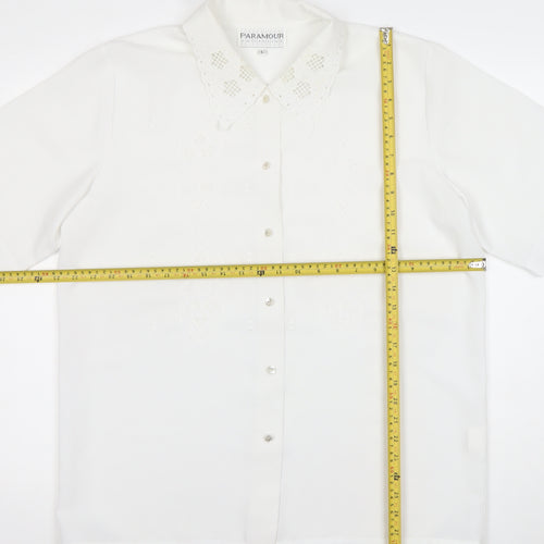 Paramour Womens White Button-Up Short Sleeve Embroidered Shirt L