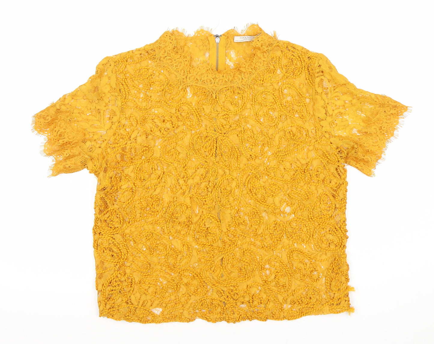 Zara Trafaluc Women’s Yellow Lace Cropped Blouse UK 12 Short Sleeve