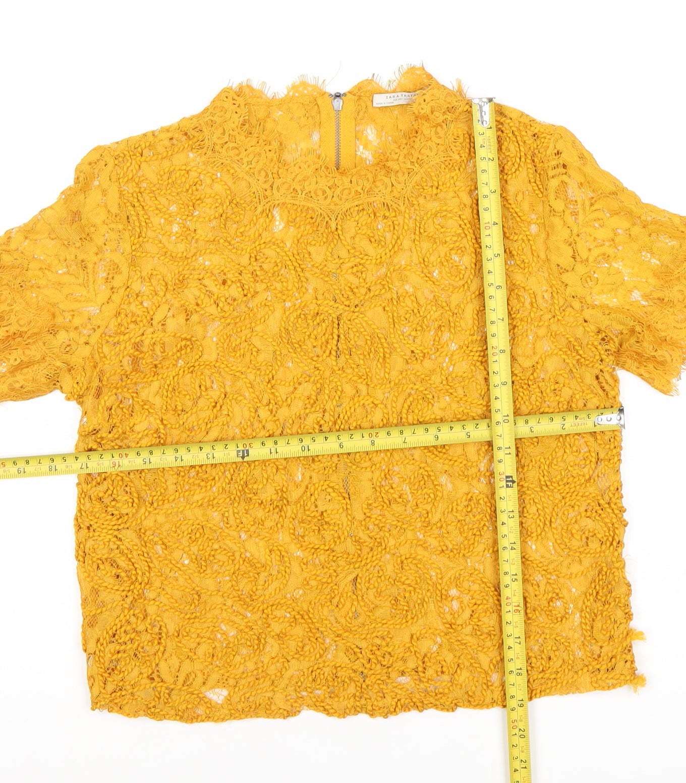 Zara Trafaluc Women’s Yellow Lace Cropped Blouse UK 12 Short Sleeve