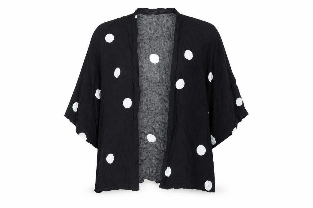 Front view of Next women’s black polka dot kimono blouse, size M, viscose