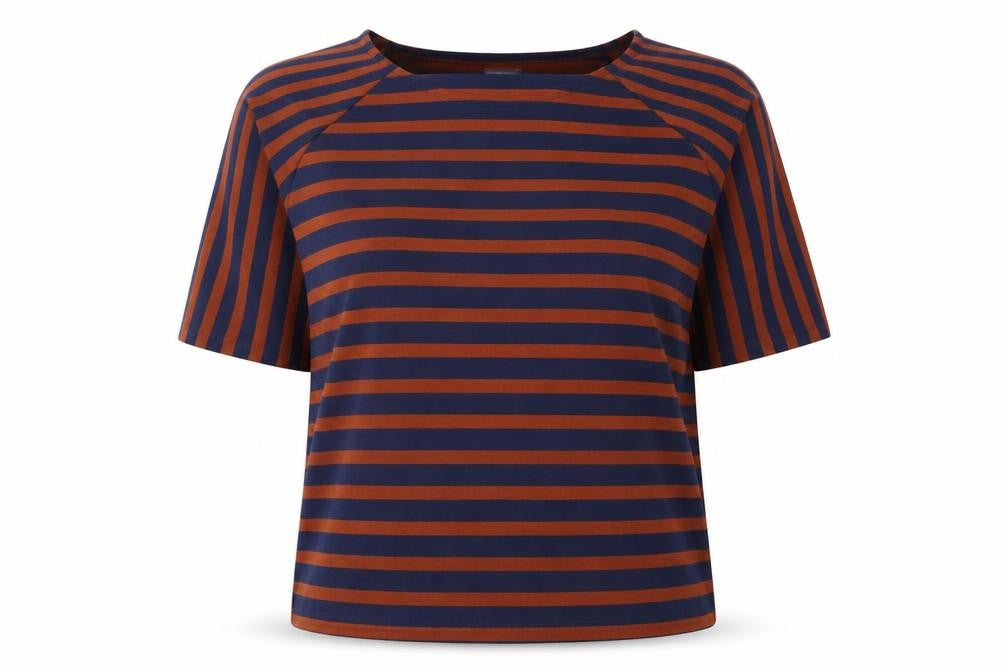 Front view of Phase Eight women’s blue brown striped jersey t-shirt, size UK 14
