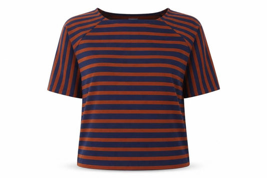 Front view of Phase Eight women’s blue brown striped jersey t-shirt, size UK 14