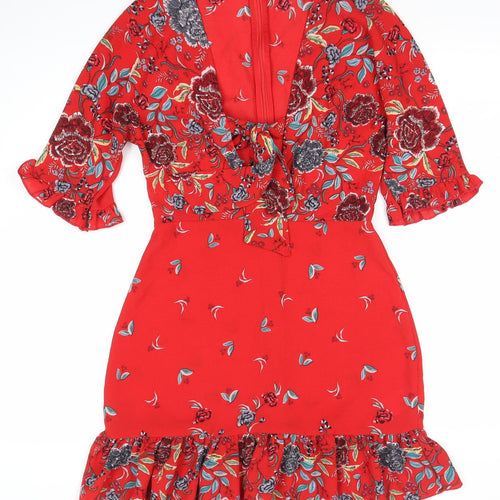Quiz Women’s Red Floral Fit & Flare Short Dress Size 8