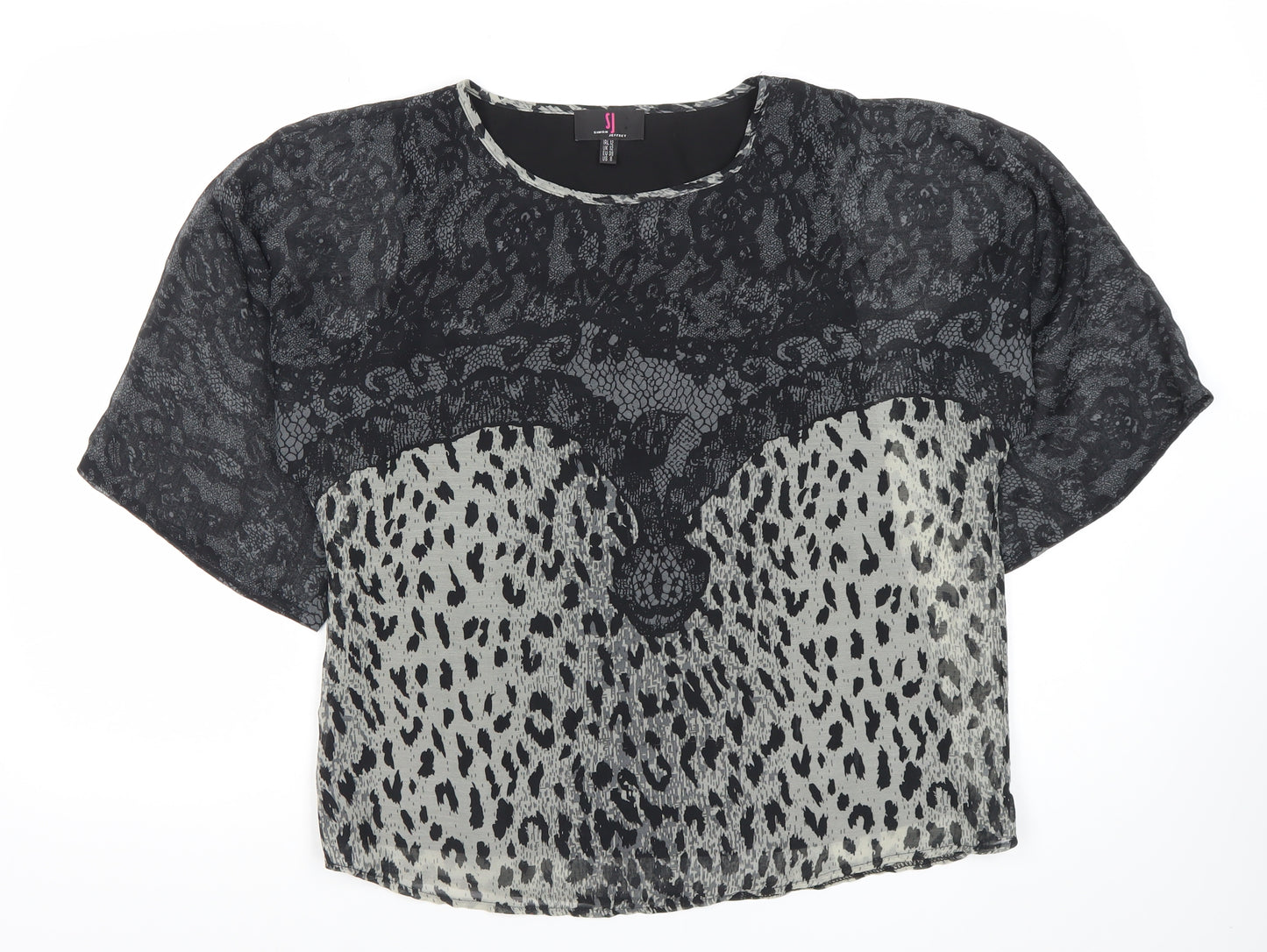 Simon Jeffery Womens Black Animal Print Chiffon Blouse Size 12
