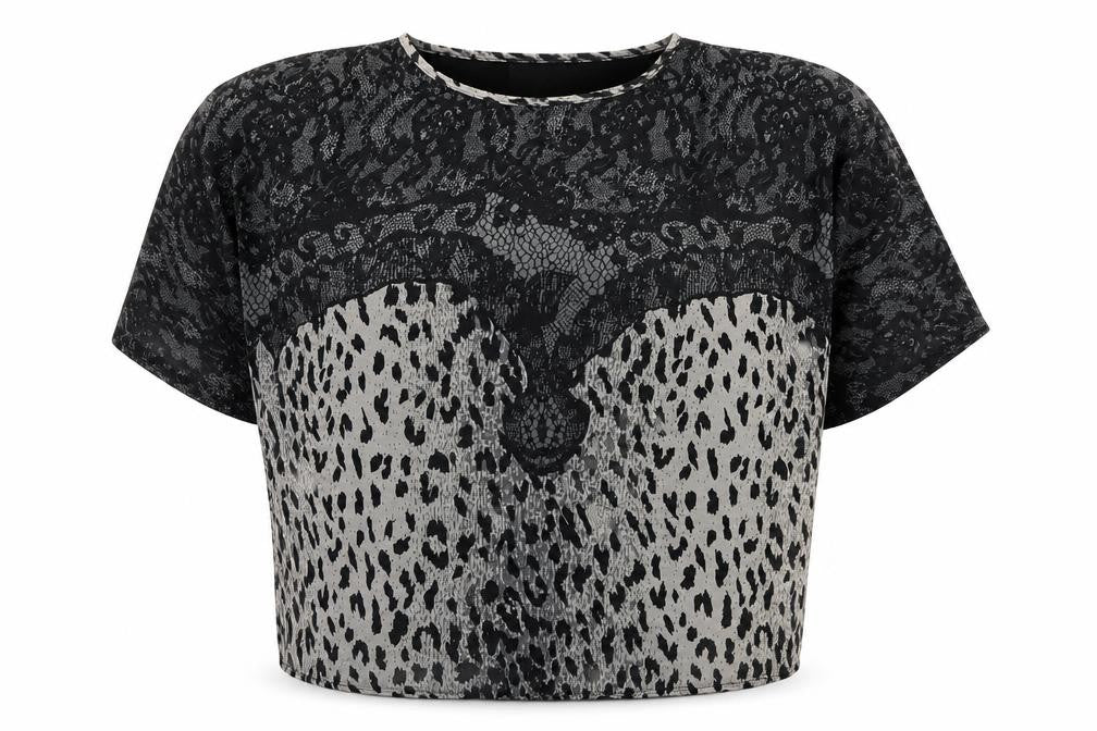 Front view of Simon Jeffery women’s black animal print chiffon blouse, size UK 12