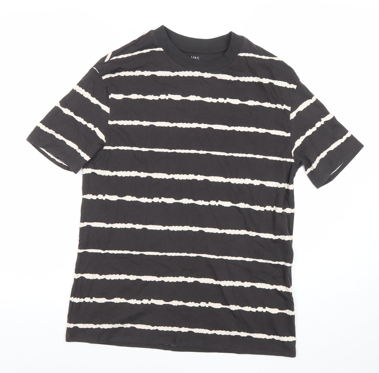 Marks and Spencer Boys Black Striped T-Shirt 12-13 Years Cotton