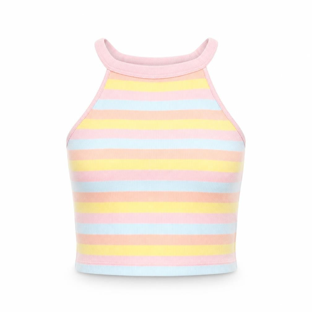 Front view of RESERVED women’s multicoloured striped halter crop tank top s