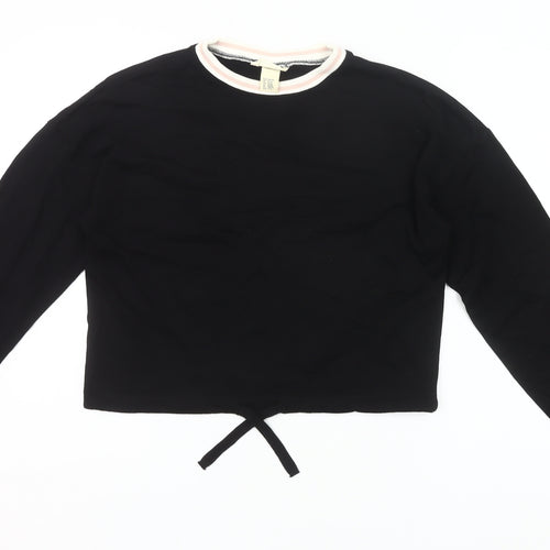 H&M Girls Black Cotton Cropped Long Sleeve T-Shirt 13-14Y Crew Neck