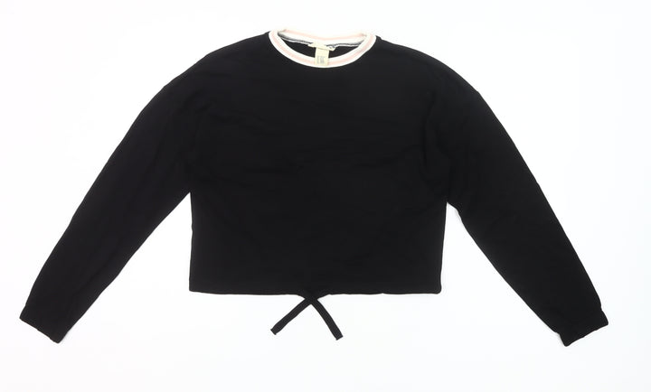H&M Girls Black Cotton Cropped Long Sleeve T-Shirt 13-14Y Crew Neck