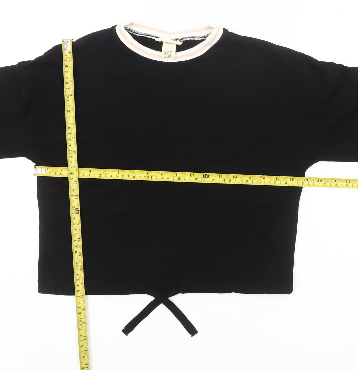 H&M Girls Black Cotton Cropped Long Sleeve T-Shirt 13-14Y Crew Neck