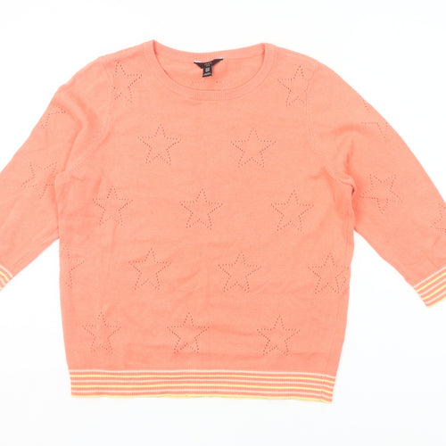 M&Co Women’s Orange Petite Jumper UK14 Crew Neck 3/4 Sleeve Star Knit