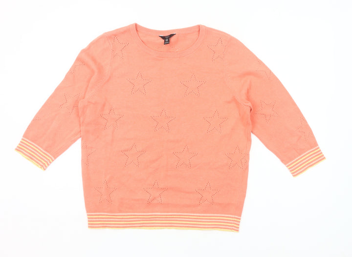M&Co Women’s Orange Petite Jumper UK14 Crew Neck 3/4 Sleeve Star Knit