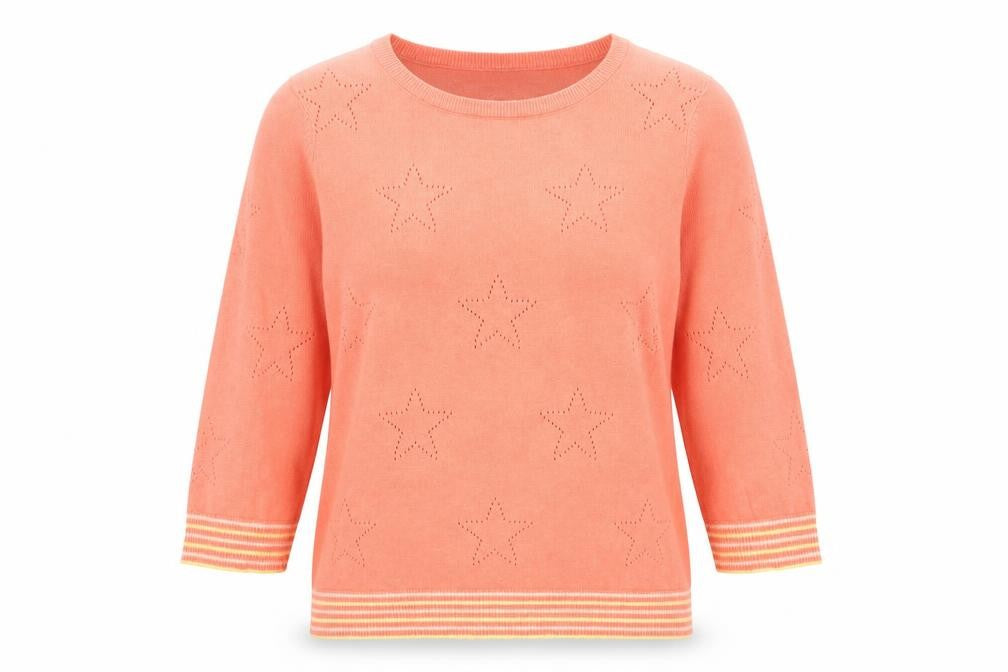 M&Co Women’s Orange Petite Jumper UK14 Crew Neck 3/4 Sleeve Star Knit