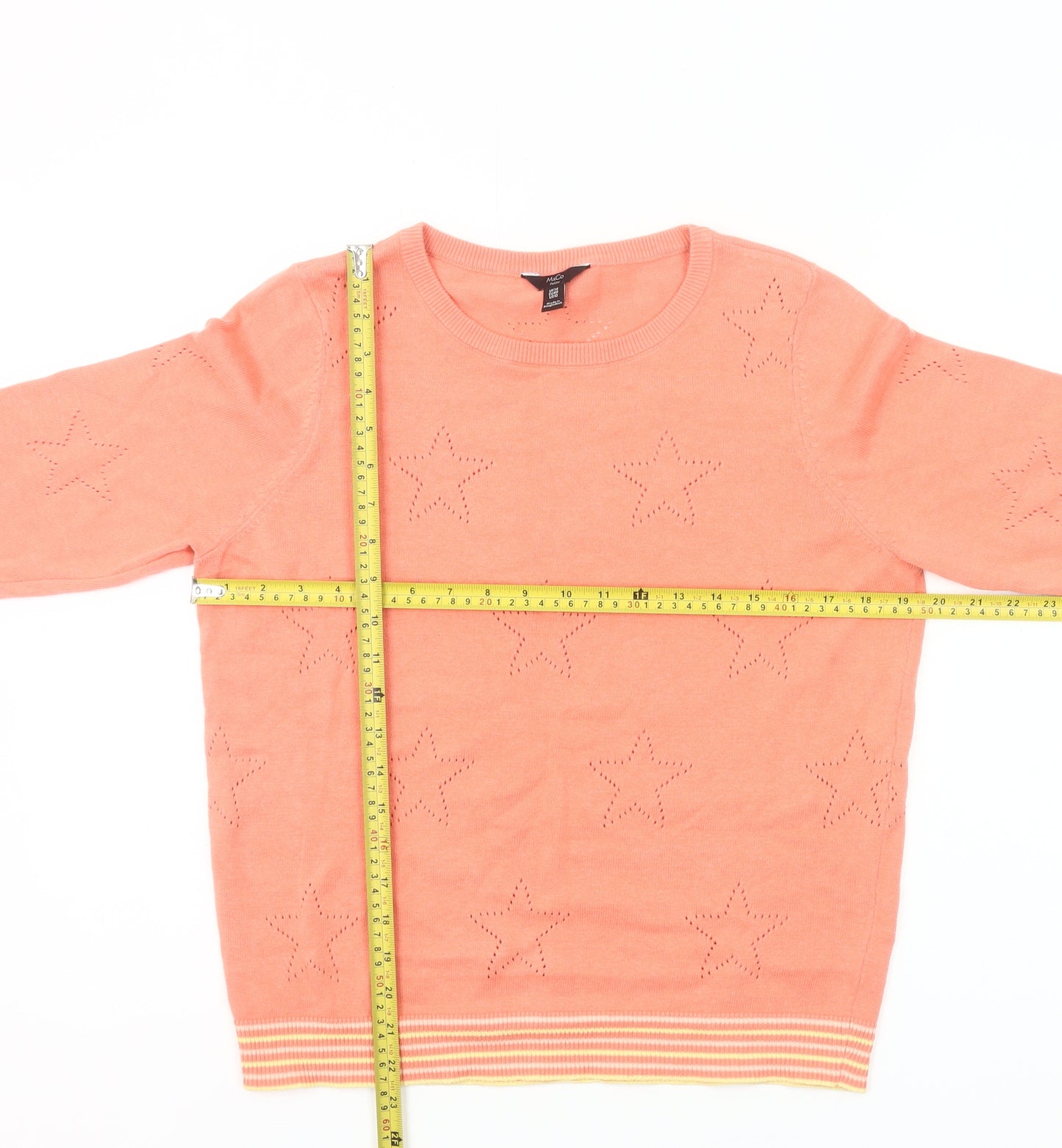 M&Co Women’s Orange Petite Jumper UK14 Crew Neck 3/4 Sleeve Star Knit