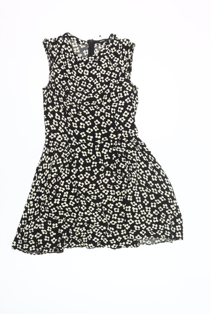 Oasis Women’s Black Floral Skater Dress Size 10 Sleeveless Viscose
