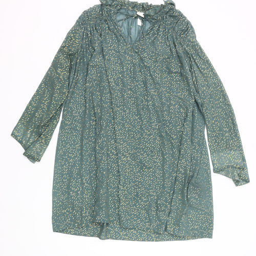 H&M Women Green Metallic Shift Dress Size 12 Long Sleeve Ruffle V-Neck