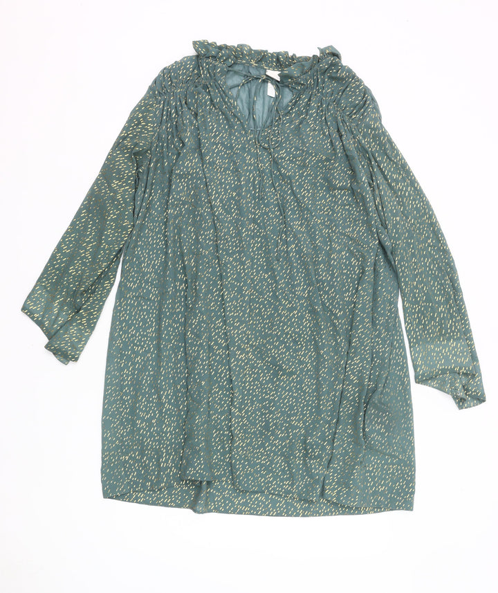 H&M Women Green Metallic Shift Dress Size 12 Long Sleeve Ruffle V-Neck