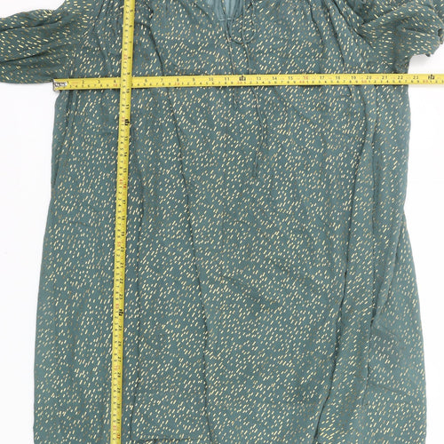 H&M Women Green Metallic Shift Dress Size 12 Long Sleeve Ruffle V-Neck