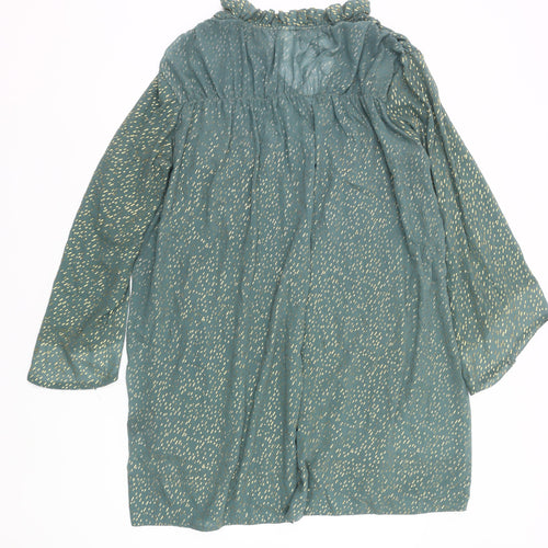H&M Women Green Metallic Shift Dress Size 12 Long Sleeve Ruffle V-Neck