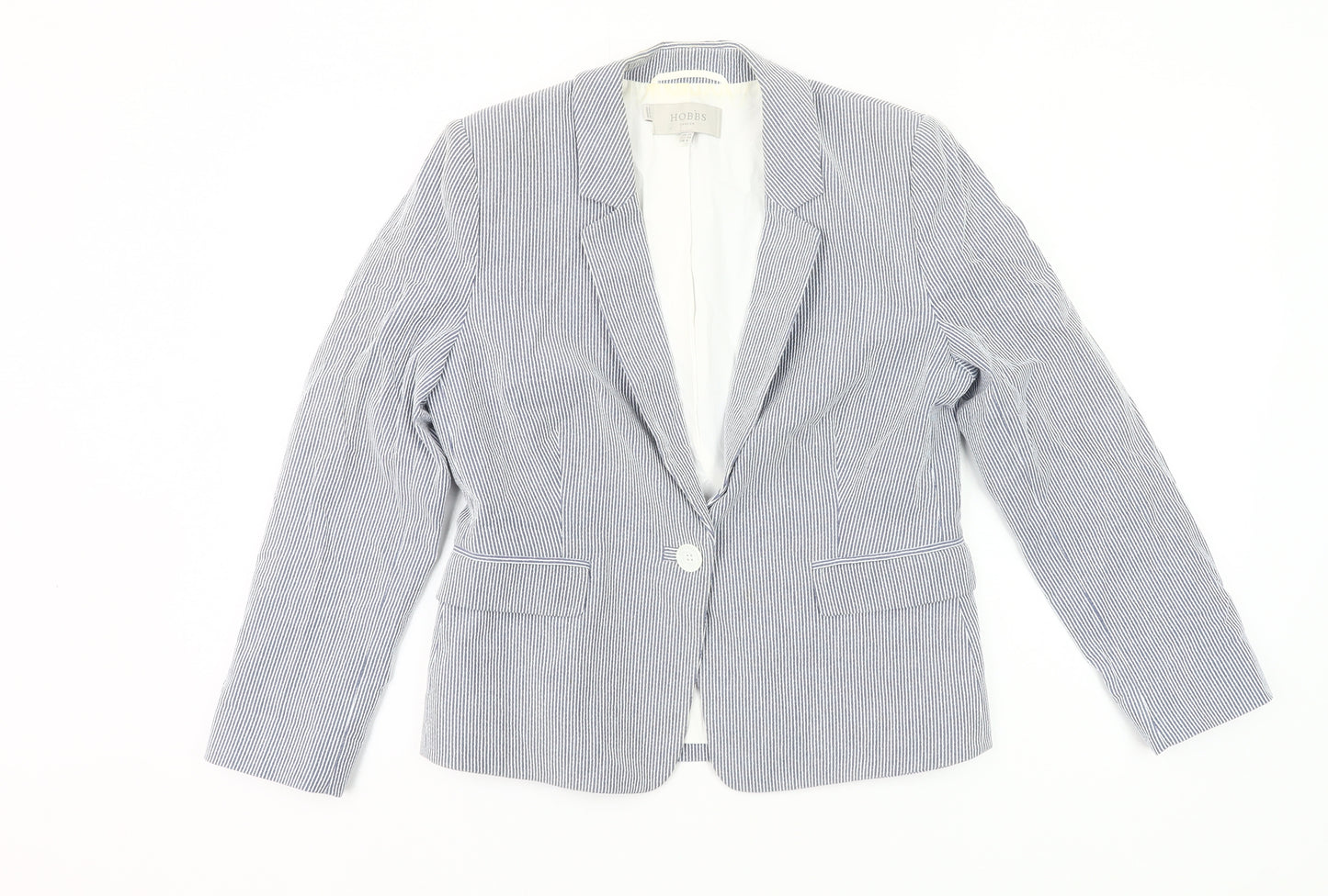 Hobbs Womens Blue Pinstripe UK 10 Fitted Cotton Blend Blazer Jacket