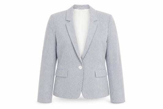 Front view of Hobbs women’s blue pinstripe uk 10 fitted cotton blend blazer jacket