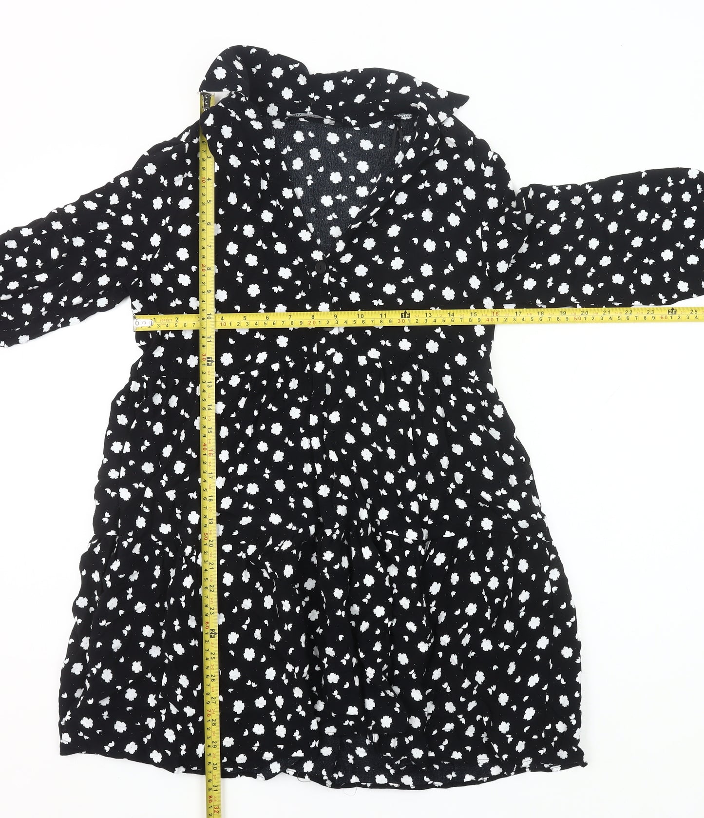 Zara Women Black Floral Shirt Dress Size 8 Knee Length Long Sleeve
