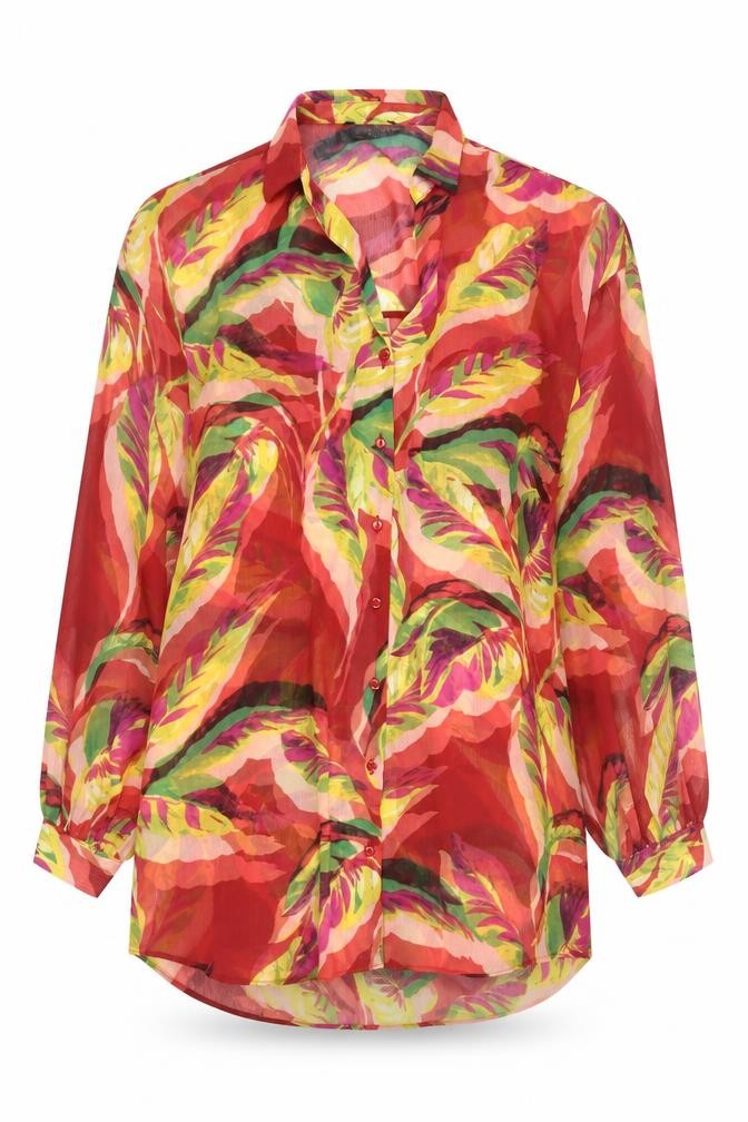 Front view of Matalan women’s multicoloured, size UK 14, tropical chiffon button-up tunic shirt
