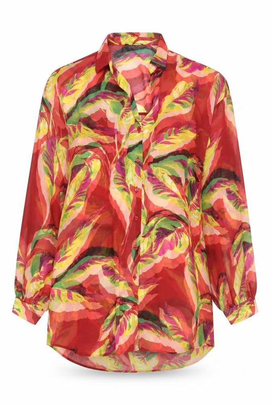 Front view of Matalan women’s multicoloured, size UK 14, tropical chiffon button-up tunic shirt