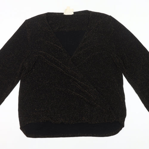 If By Sea Womens Black Glitter Wrap Blouse XL Long Sleeve Party Top