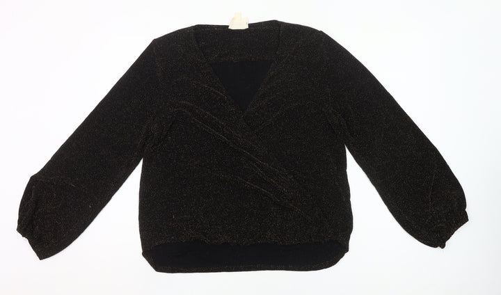 If By Sea Womens Black Glitter Wrap Blouse XL Long Sleeve Party Top