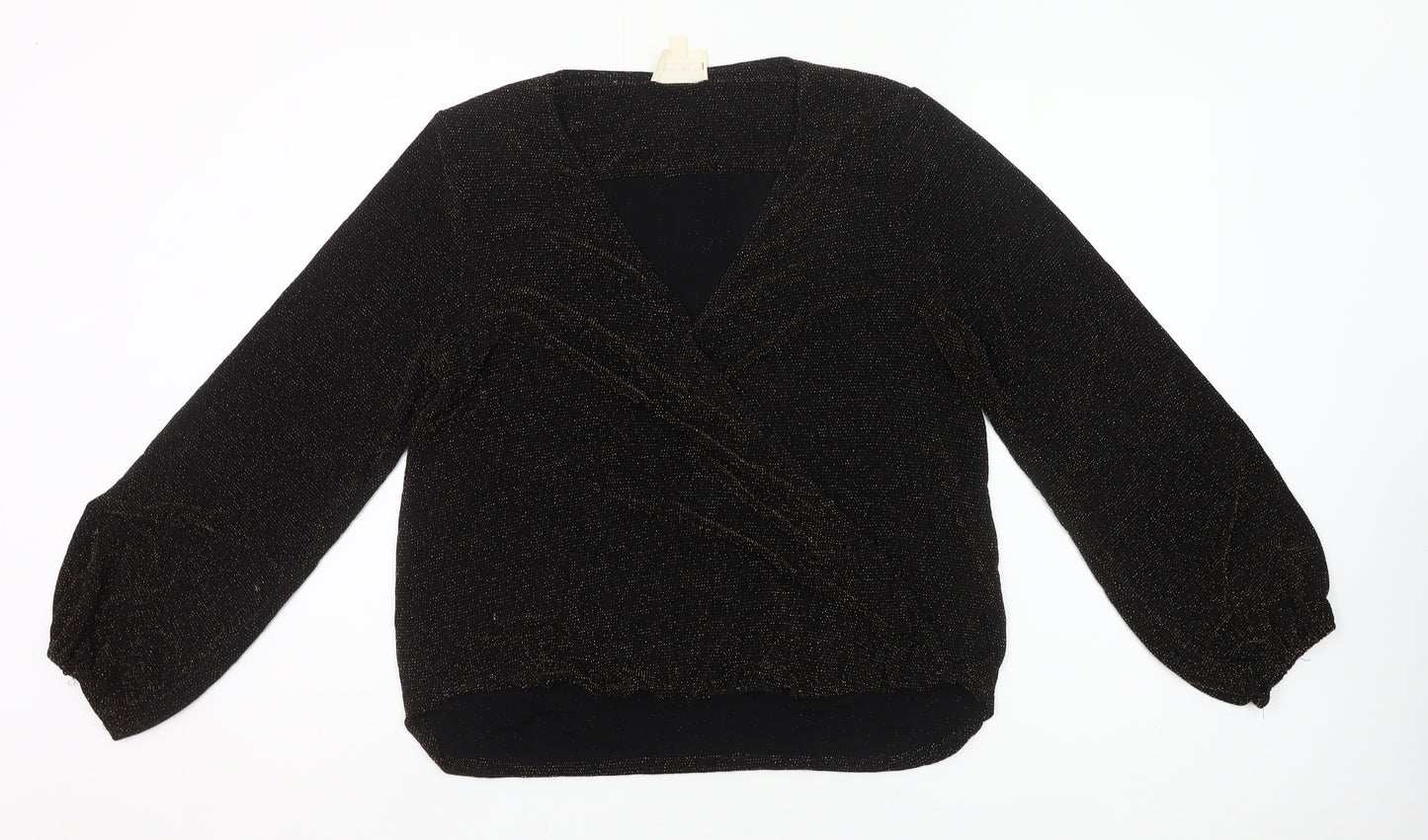 If By Sea Womens Black Glitter Wrap Blouse XL Long Sleeve Party Top