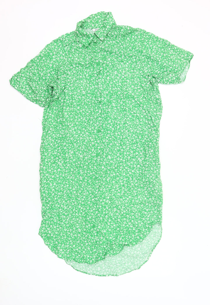 Monki Women Green Floral Shirt Dress S Short Sleeve Collared