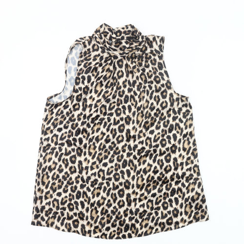 F&F Womens Leopard Print Blouse UK 10 Sleeveless High Neck Polyester