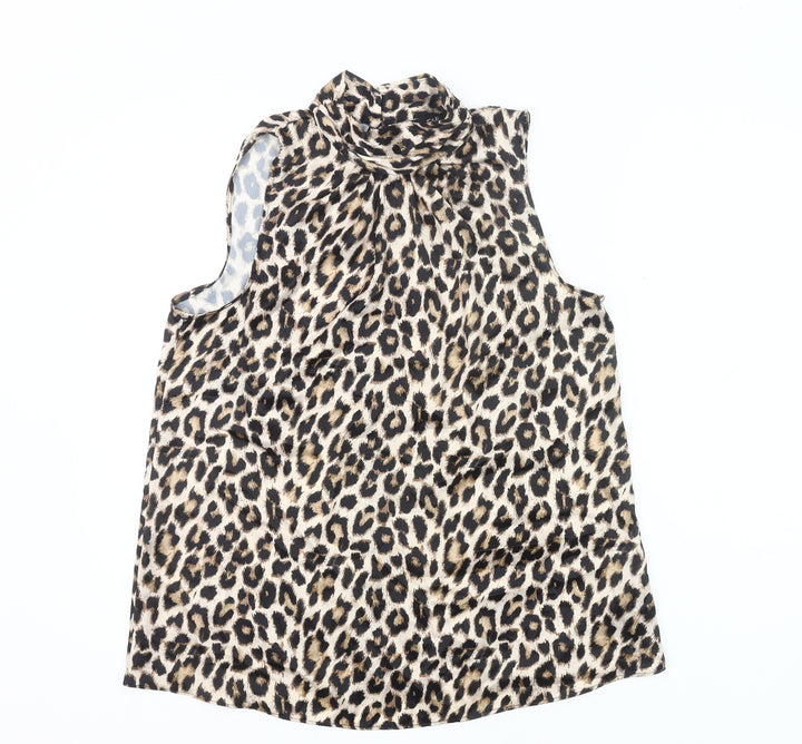 F&F Womens Leopard Print Blouse UK 10 Sleeveless High Neck Polyester