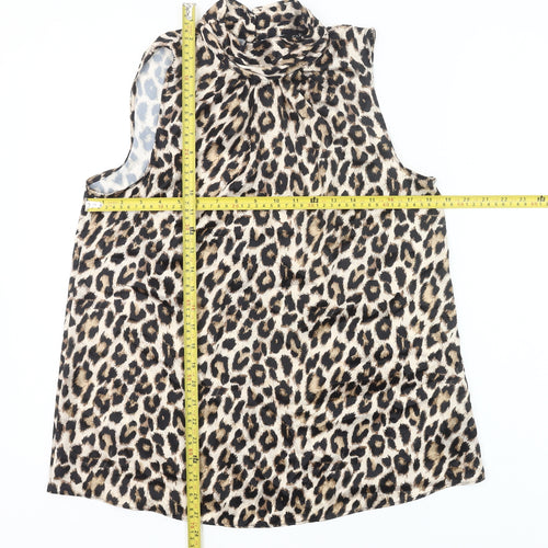 F&F Womens Leopard Print Blouse UK 10 Sleeveless High Neck Polyester