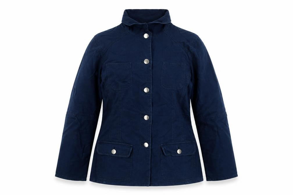 Front view of CMD women’s blue cotton mid-length casual jacket, size UK 16