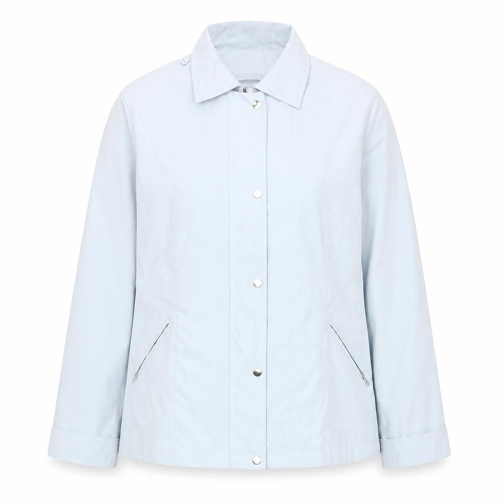 Front view of Katherine Hammond women’s blue, size UK 16, mid-length casual jacket